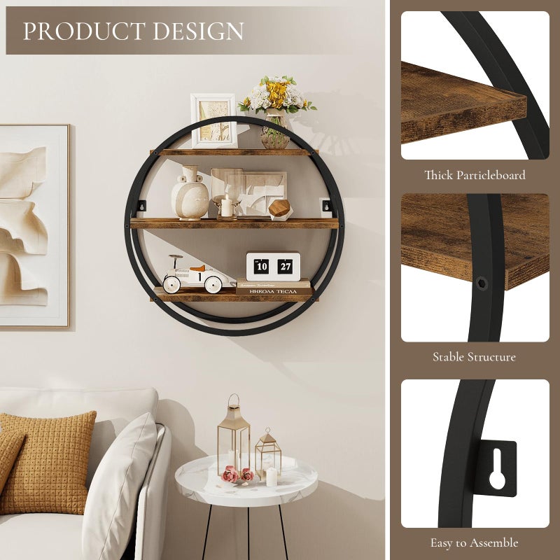 BCOZLUX Floating Shelves, 3 Tier Decorative Geometric Circle Metal and Wood Wall Shelves, Bathroom Shelf Round Wall Decor, Rustic Brown - Image 4